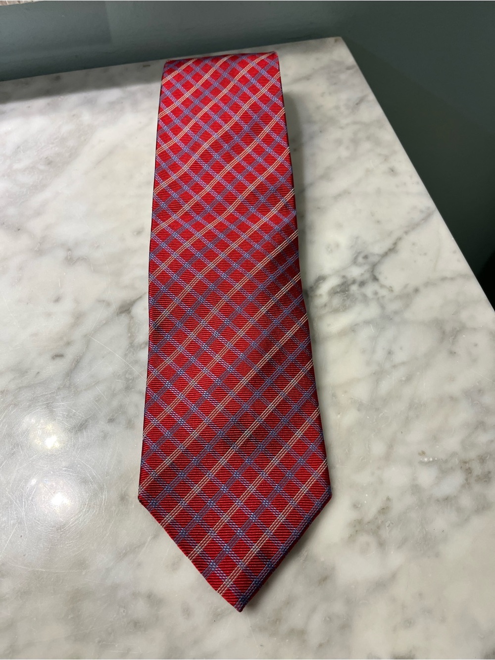 Brooks Brothers Red Plaid Silk Tie with Blue Accents